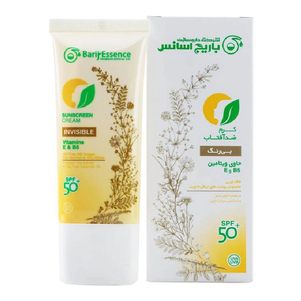 کرم ضد آفتاب SPF50 بی رنگ باریج اسانس مناسب پوست نرمال و چرب حجم 60 میل