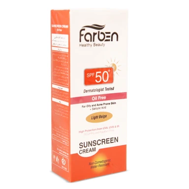 کرم ضد آفتاب رنگی SPF50 فاقد چربی فاربن مناسب پوستهای چرب رنگ بژ روشن حجم 50 میل