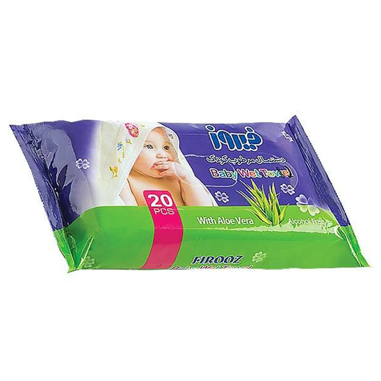 دستمال مرطوب کودک فیروز حاوی عصاره آلوئه‌ ورا بسته 20 عددی